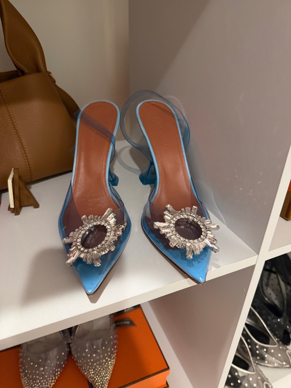 Amina Muaddi Blue Embellished Pointed Mules